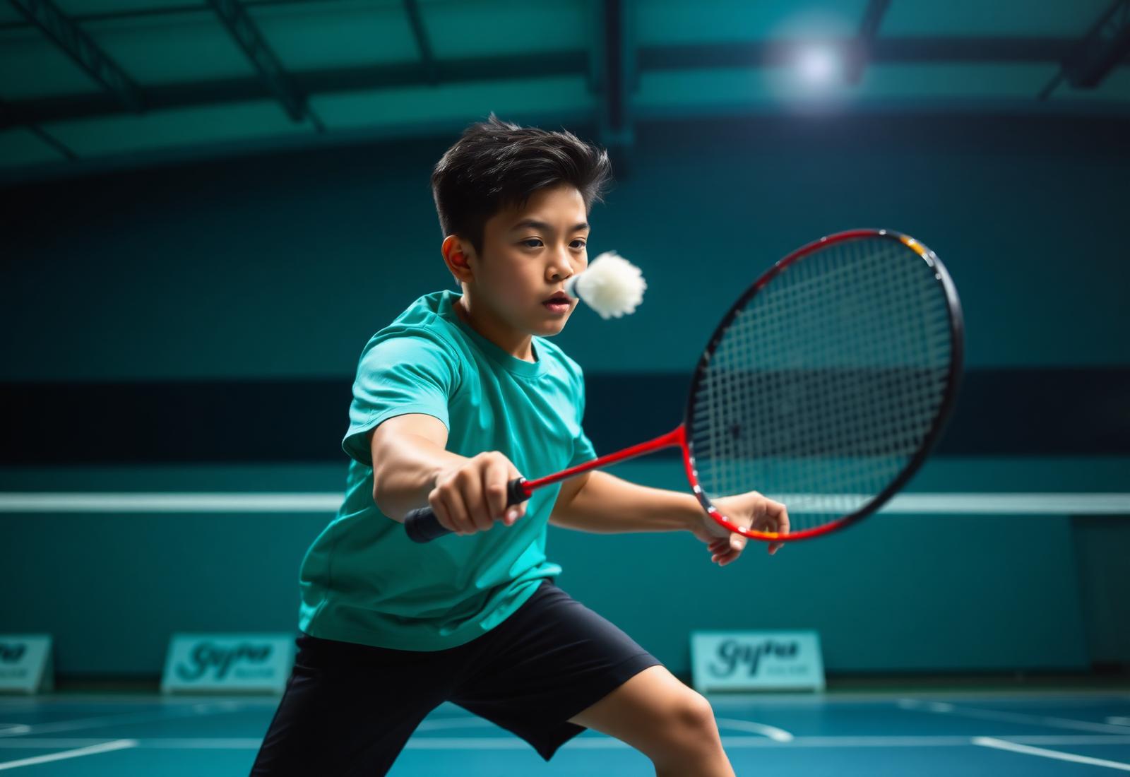 Junior badminton player striking a shuttlecock during a training session